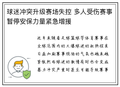 球迷冲突升级赛场失控 多人受伤赛事暂停安保力量紧急增援